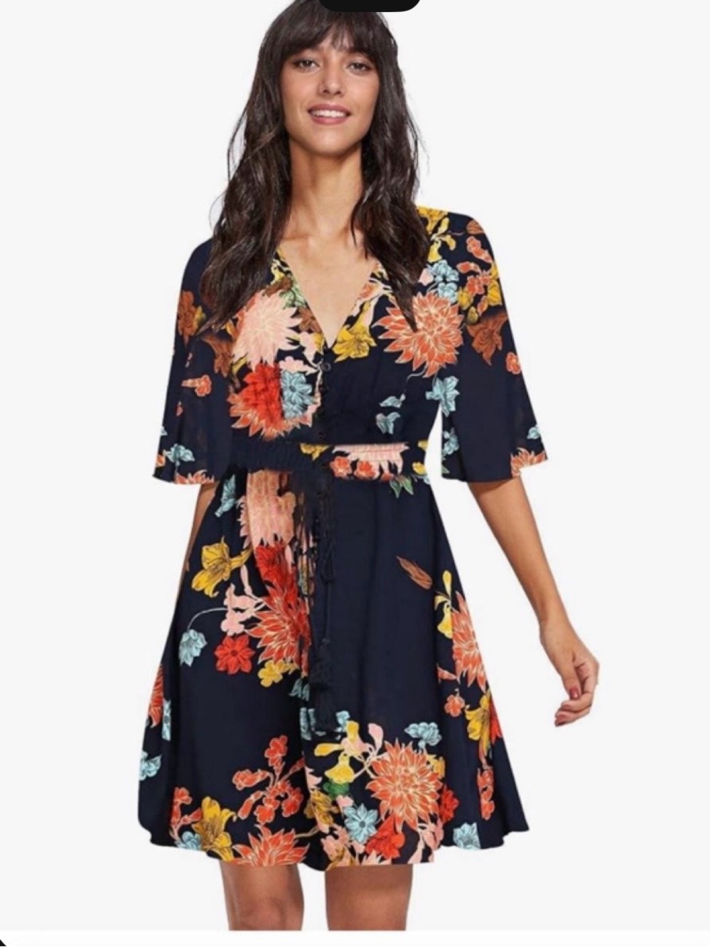 Navy Floral V-Neck Fit & Flare Dress